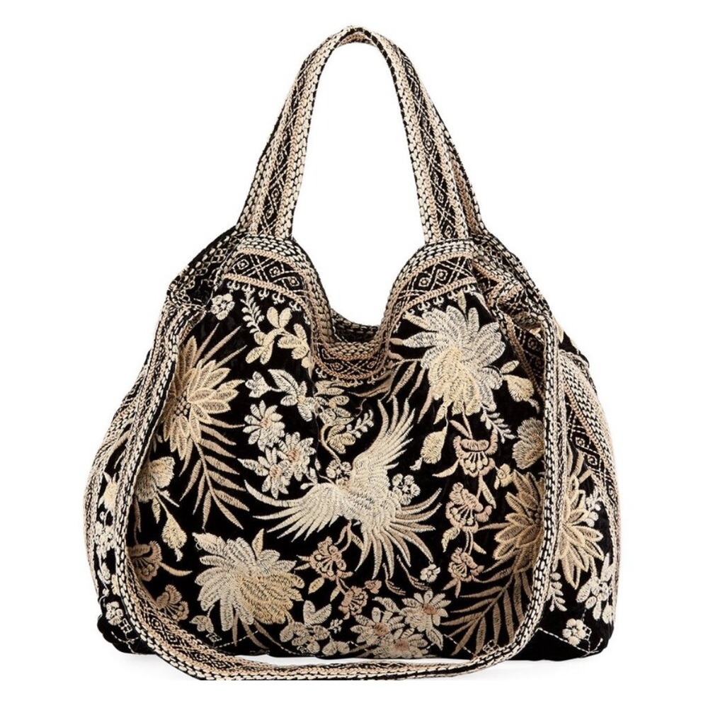 Johnny Was Black Linen and Ivory Embroidered Soft Tote Bag
